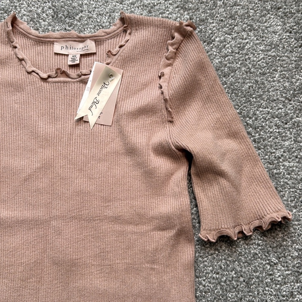 Philosophy Beige Ruffle Trim Short Sleeve Tee